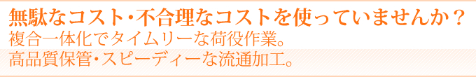 無駄なコスト・不合理なコストを使っていませんか?複合一体化でタイムリーな荷役作業。高品質保管・スピーディーな流通加工。